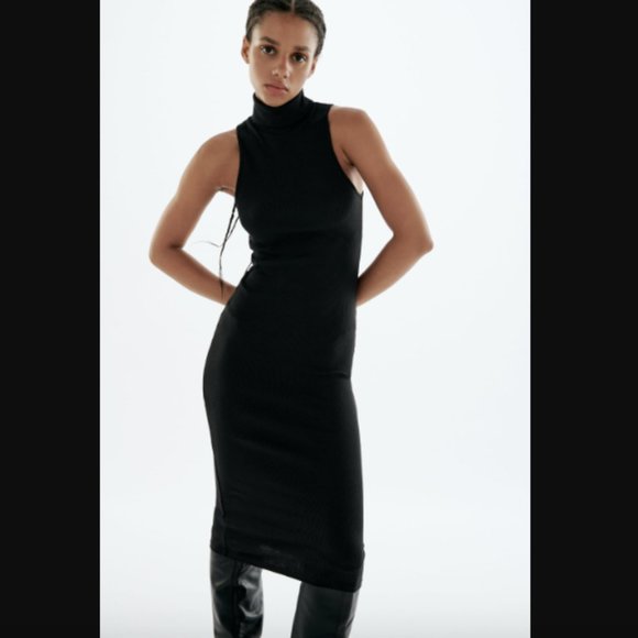 Zara High Collar Rib Dress Black Size Small NWT - Picture 2 of 10